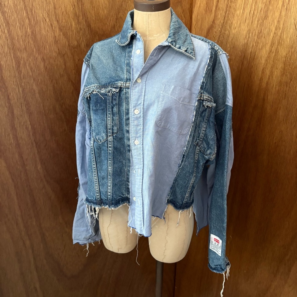 SOLD Levis sz L Remake DIY Denim Blue Button Down Shirt Long Sleeve Reconstructe - Picture 1 of 16